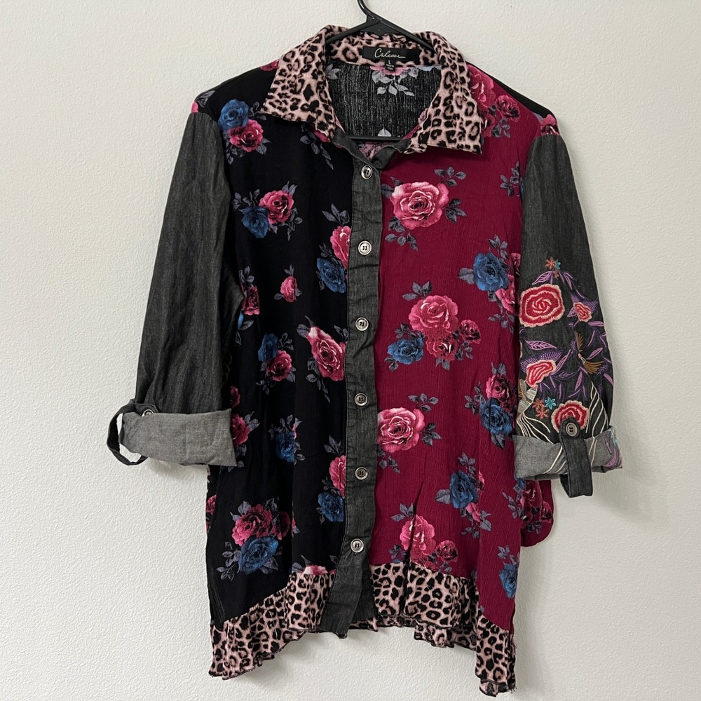 Caleasa Women L Floral Leopard Mixed Print Button Front Tunic Shirt